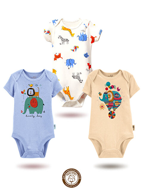 Mahfel 3'lü %100 Pamuklu Organik Baskılı Kısa Kollu Çıtçıtlı Bebek Body Zıbın 656-473