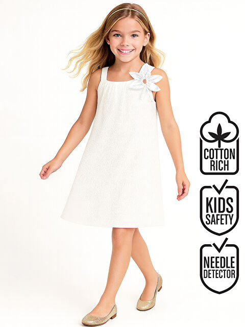 Denokids Çiçekli Kol Kız Çocuk Beyaz Elbise - S000491952-20063
