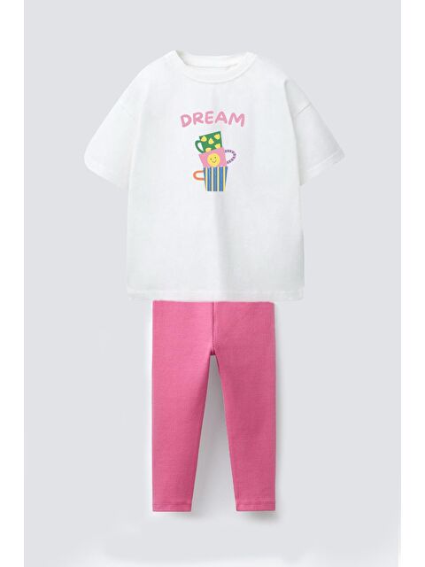 Monila Kız Çocuk Pamuklu Ekru Baskılı T-Shirt Ve Pembe Fitilli Tayt 2'Li Takım - S000516183-37577