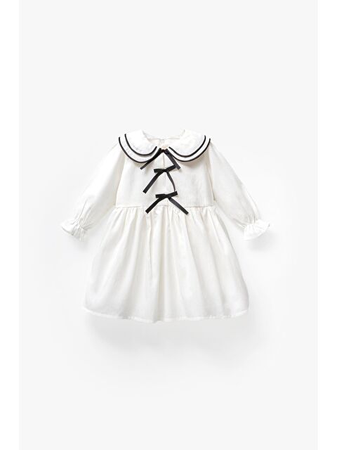 Magu Kız Çocuk Beyaz Bebe Yaka Fiyonk Desenli Elbise - S000491958-20063