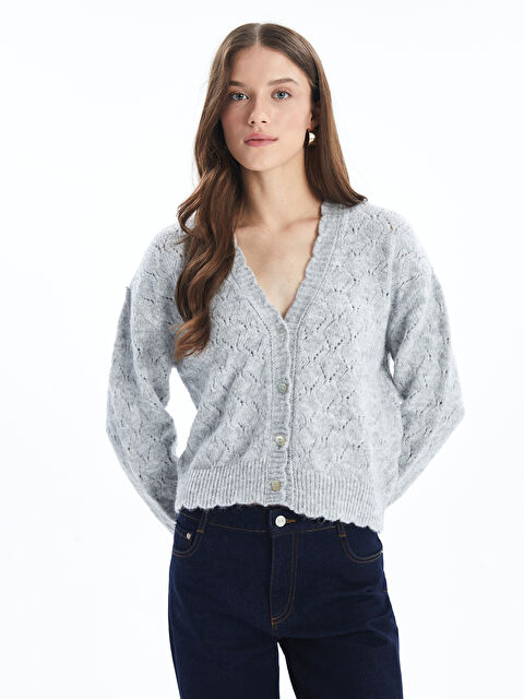 Dexia Cardigan   Örgü ve İnci Düğme Detaylı Uzun Kollu Hırka   Gri Renk - S000274587-20600