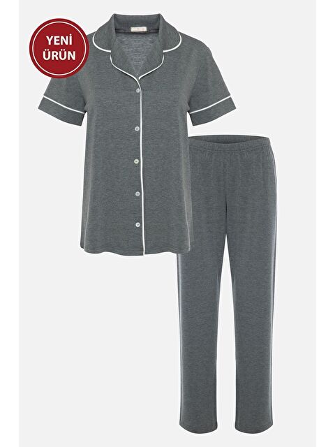 Koza İç Giyim Kadın Kısa Kollu Gri Melanj Ekru Ara Biyeli Pijama Takımı - S000274507-74
