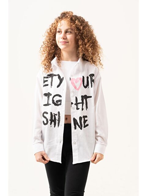 pi pengai Kız Çocuk Yazı Baskılı Gömlek P1039 - S000346001-20063