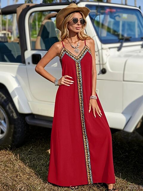 Jane's Kadın Askılı V Yakalı Etnik şerit Detaylı Uzun Viskon Elbise - S000527899-20045