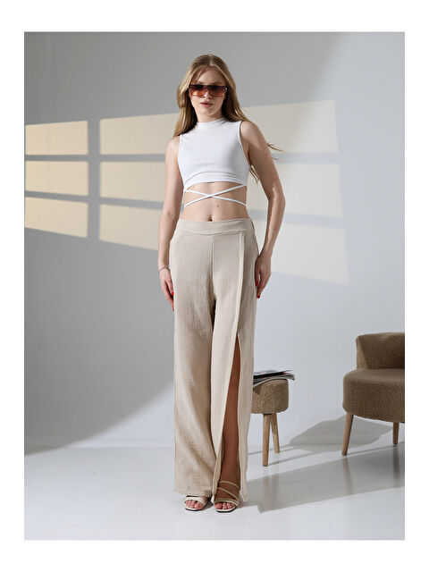 carla10 Yırtmaçlı Müslin Pantolon Bej - S000503781-19928