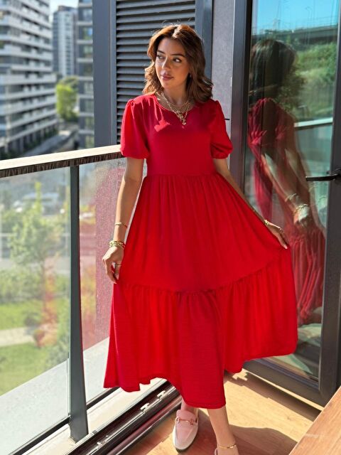 Jane's Kadın Kısa Kollu Yakası Açık Katlı Bürümcük Balon Elbise - S000527900-20045