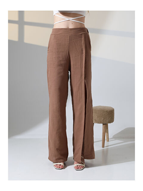 carla10 Yırtmaçlı Müslin Pantalon Kahve - S000503781-19413