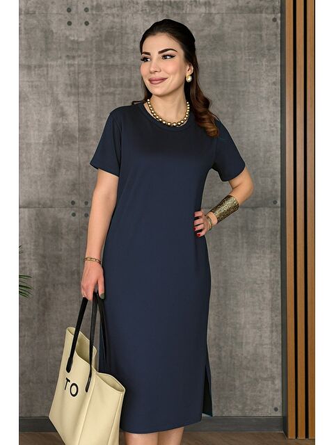 Jane's Kadın Kısa Kollu Bisiklet Yaka Yırtmaçlı Viskon Iki Iplik Elbise - S000527903-21164