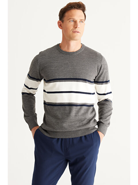 Altınyıldız Classics Erkek Gri-Lacivert Standart Fit Normal Kesim Bisiklet Yaka Çizgili Triko Kazak - S000403555-37281