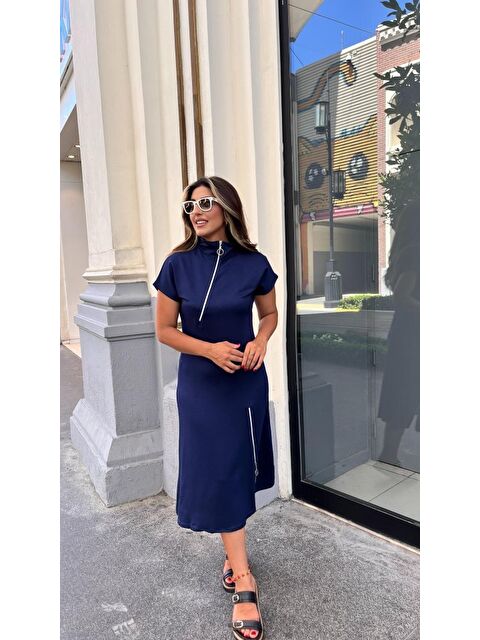 Jane's Kadın Kısa Kollu Yakadan Ve Etekten Fermuarlı Midi Viskon Iki Iplik Elbise - S000527904-21164