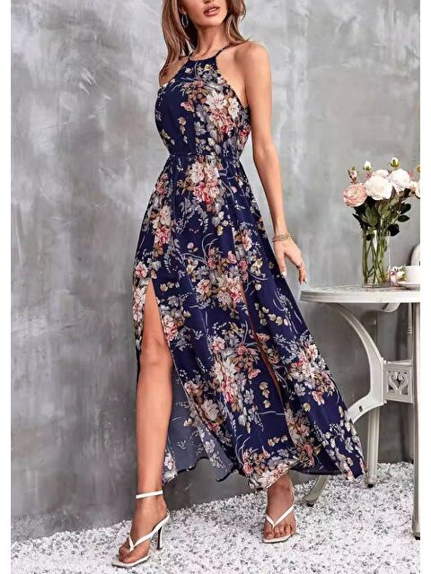 Jane's Kadın Açık Omuz Halter Yaka Beli Lastikli Büzgü Detay önden Yırtmaçlı çiçek Desenli Süprem Elbise - S000527906-21164