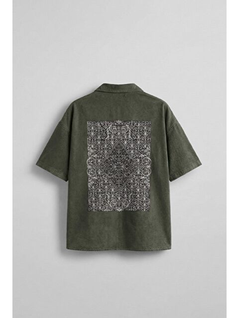 Abluka Online Erkek Kısa Kollu Desen Baskılı Yıkamalı Oversize Gömlek Haki - S000365691-18547