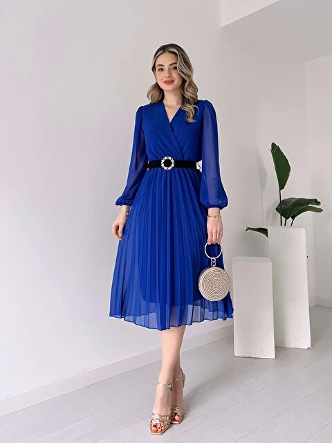 Jane's Kadın şifon Kumaş Astalı Kloş Kesim Kruvaze Yaka Midi Boy Elbise - S000527895-17234