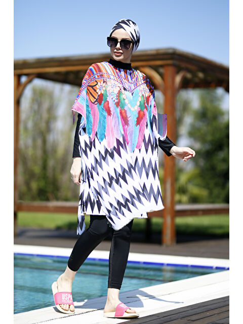 Remsa Mayo Tesettür Mayo Üzerine Diz Boy Desenli Kaftan Pareo Zikzak İnci - S000503783-20063