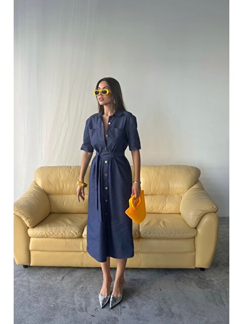 Jane's Lyocell ÖNDEN DÜĞMELİ KISA KOL ELBİSE - Mavi - S000527918-17234