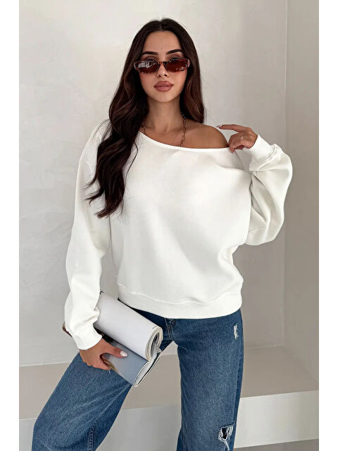carla10 Kayık Yaka Polar Sweatshirt Beyaz - S000492596-20063