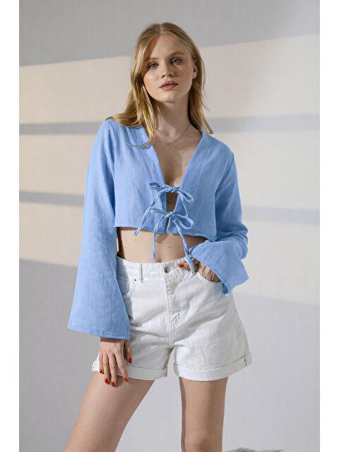 carla10 Çift Bağlama Detay Müslin Bluz Mavi - S000503784-17437