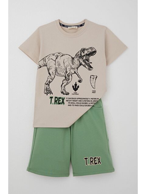 Breeze Erkek Çocuk Şortlu Takım Güçlü Dinozor Baskılı Kısa Kollar Büyük Güç Bej (4-9 Yaş) - S000434027-19928