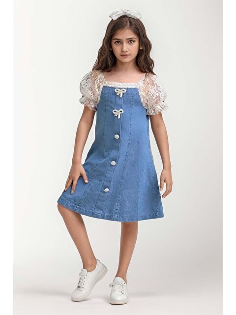 Riccotarz Kız Çocuk Yakası ve Kolları Dantel İşlemeli Balon Kollu Mavi Jean Elbise