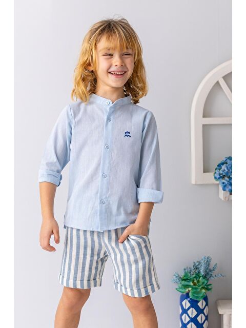 MİNİNİO Erkek Çocuk Hakim Yaka Uzun Kollu Gömlek - Açık Mavi - S000362696-17437