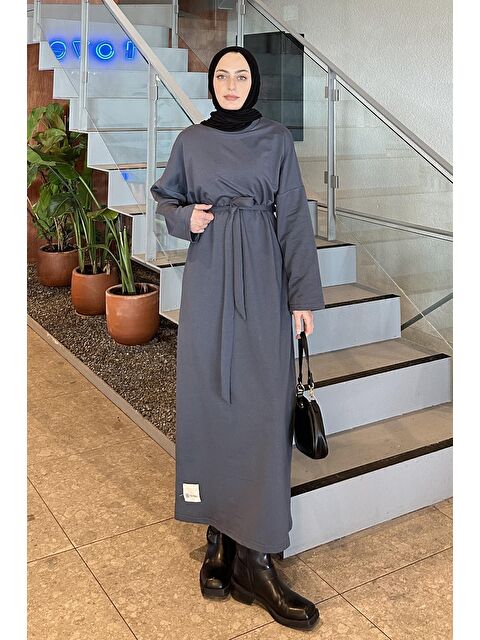 Lamelif Etek Ucu Armalı Kuşaklı Elbise Füme - S000517784-33408