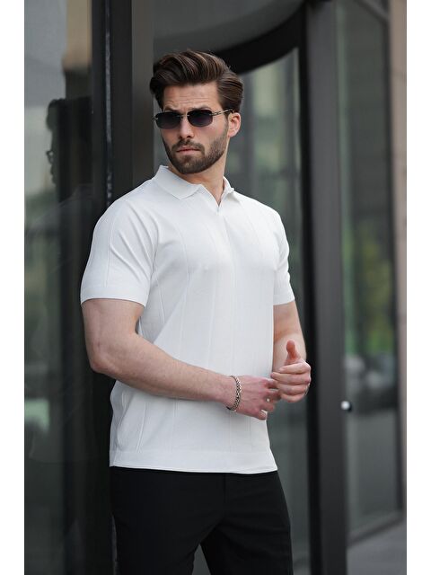 Madmext Beyaz Polo Yaka Triko Erkek Tişört E7417 - S000374808-20063