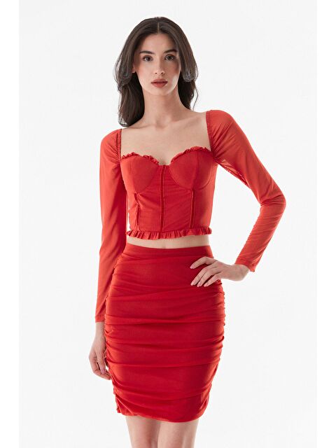 Fullamoda Tül Detaylı Kalp Yaka Crop Bluz - S000162183-20045