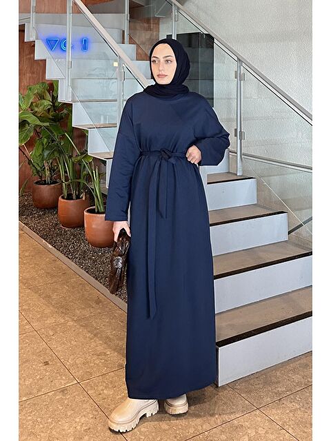 Lamelif Etek Ucu Armalı Kuşaklı Elbise Lacivert - S000517784-21164