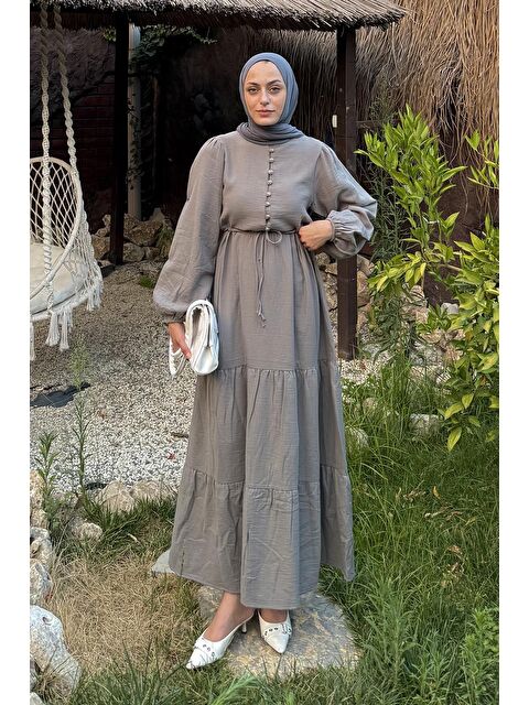 Lamelif Bel Büzgülü Tesettür Elbise Gri - S000517788-20600