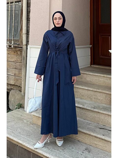 Lamelif Ön Bağlama Detaylı Tesettür Elbise Lacivert