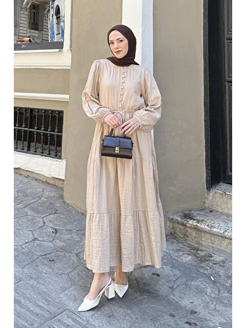 Lamelif Bel Büzgülü Tesettür Elbise Sütlü Kahve - S000517788-4280