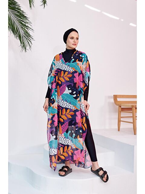 Remsa Mayo Tesettür Mayo Üzerine Desenli Tek Kaftan Pareo 430-132 Fuşya - S000121879-18686