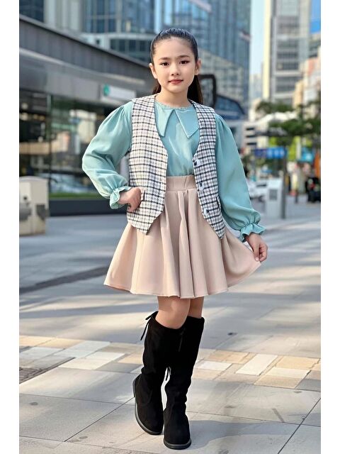 Riccotarz Kız Çocuk Bebe Yaka Bilekler Lastikli Yeşil Kazak Ekose Detay Cepken ve Penye Etekli Takım - S000501963-18194