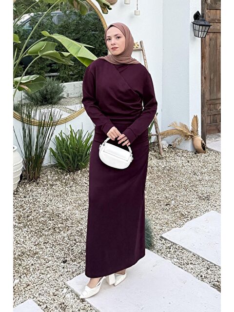 Lamelif Büzgülü Tesettür Elbise Mürdüm - S000517789-20036