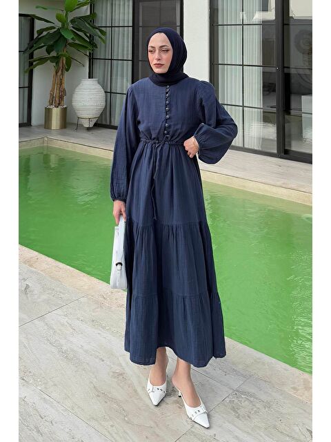 Lamelif Bel Büzgülü Tesettür Elbise Lacivert - S000517788-21164