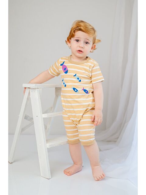 MİNİNİO Erkek Bebek Balık Baskılı Çizgili Tulum (3-24Ay) - S000363687-19928