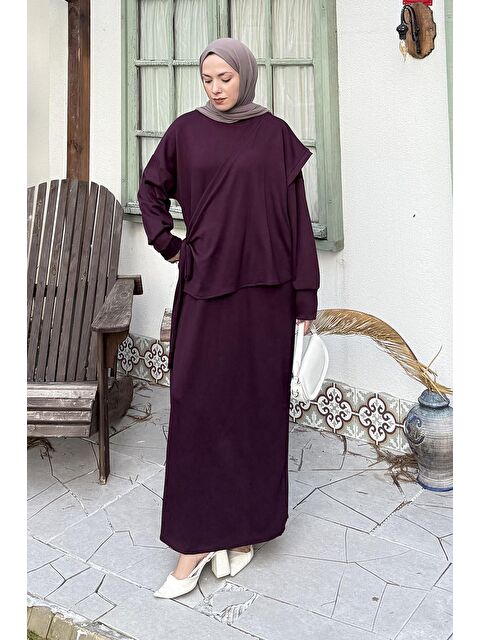 Lamelif Büzgülü Tesettür Elbise Mürdüm - S000517790-20036