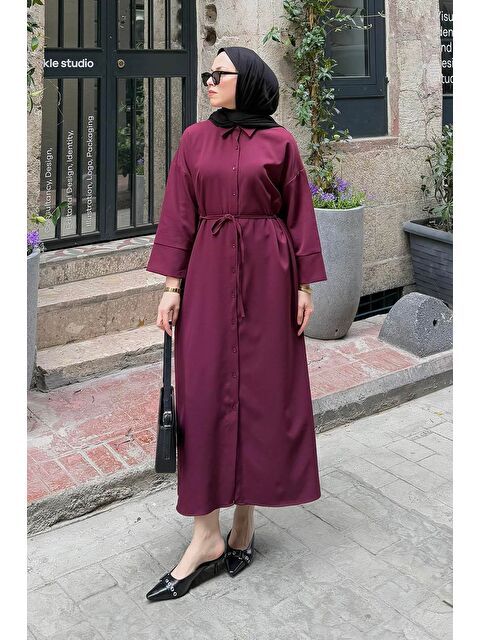 Lamelif Takma Manşet Detaylı Dabıl Tesettür Elbise Mürdüm