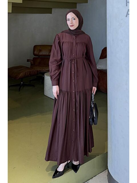 Lamelif Bağlama Detaylı Tesettür Elbise Acı Kahverengi - S000517798-28102