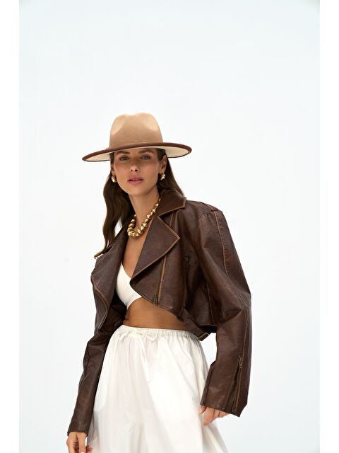 Mai Collection Carnas Asimetrik Kahve Suni Deri Ceket - S000511572-19413