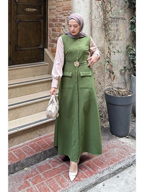 Lamelif Düğme Detaylı Elbise Kına Yeşili - S000517796-18194