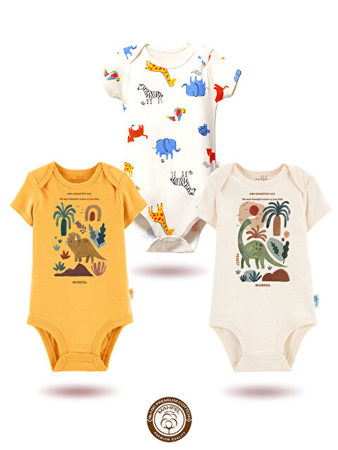 Mahfel 3'lü %100 Pamuklu Organik Baskılı Kısa Kollu Çıtçıtlı Bebek Body Zıbın 753-754