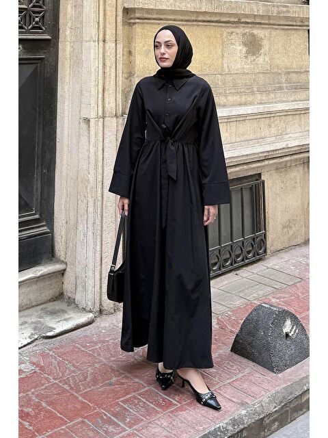 Lamelif Ön Bağlama Detaylı Tesettür Elbise Siyah - S000517778-19351