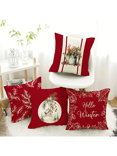 Evmila 4'lü Yılbaşı Desenli Kadife Kırlent Kılıfı Seti – Çift Taraf Baskılı 43x43 cm - S000486313-23173