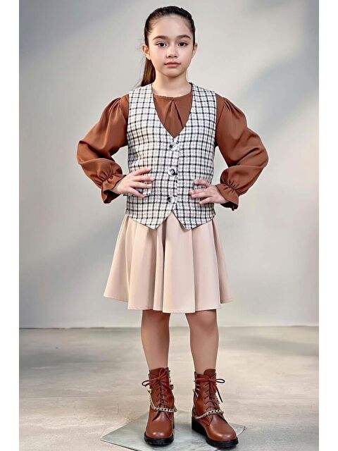 Riccotarz Kız Çocuk Bebe Yaka Bilekler Lastikli Kahverengi Kazak Ekose Detay Cepken ve Penye Etekli Takım - S000501964-19413