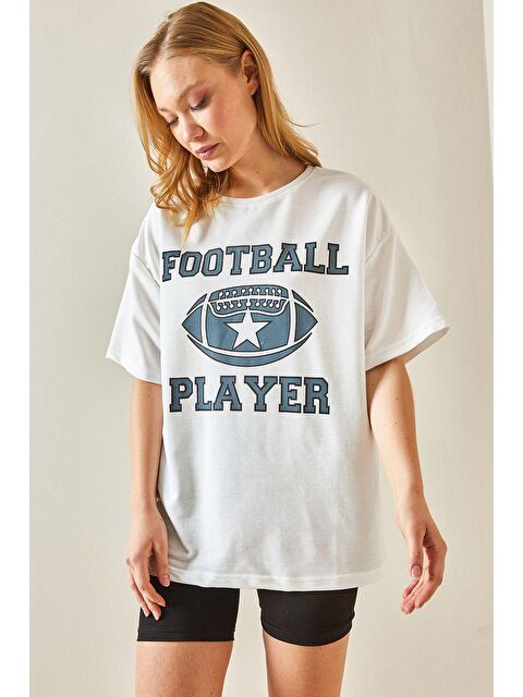 Xhan Beyaz Bisiklet Yaka Önü Baskılı Oversize Tişört 4KXK1-47927-01 - S000125583-20063