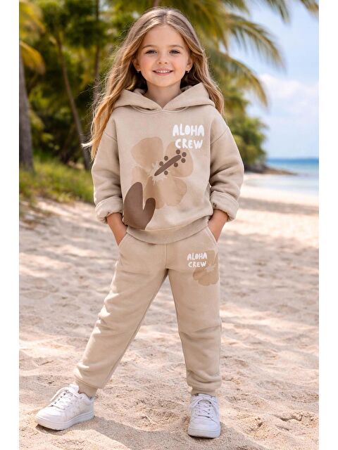 Riccotarz Kız Çocuk Digital Çiçek Baskı ve Aloha Crew Yazı Detaylı Bej Eşofman Takım - S000501965-19928