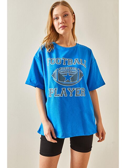 Xhan Mavi Bisiklet Yaka Önü Baskılı Oversize Tişört 4KXK1-47927-12 - S000125583-17234