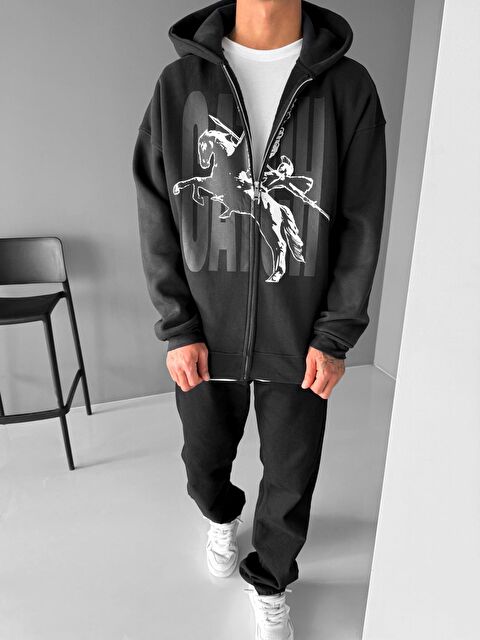 Abluka Online Unisex Oversize Baskılı Kapüşonlu  Fermuarlı Sweatshirt Siyah - S000314975-19351