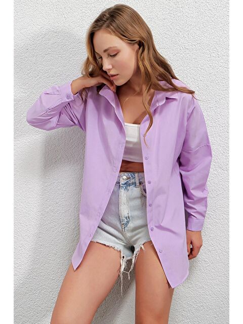 Hazelin Kadın Lila Oversize Uzun Basic Gömlek Hzl22w-bd139001 - S000031094-17878